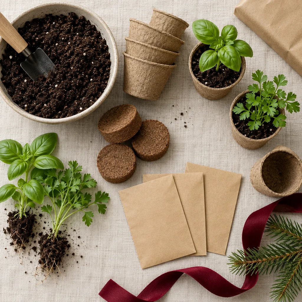 Representative photo-style image of organic herb seed starting kit — generated, not a specific product