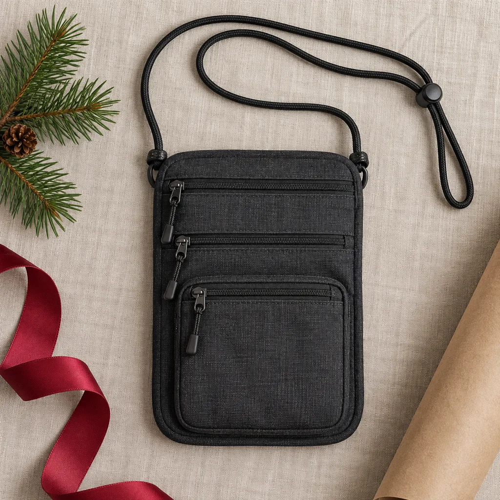 Representative photo-style image of organized multi-pocket neck pouch — generated, not a specific product