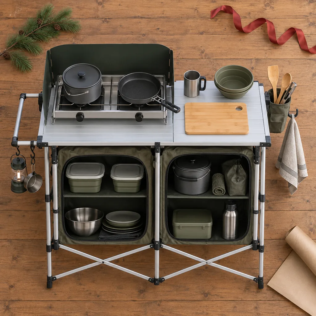 Representative photo-style image of organized portable camp kitchen station — generated, not a specific product