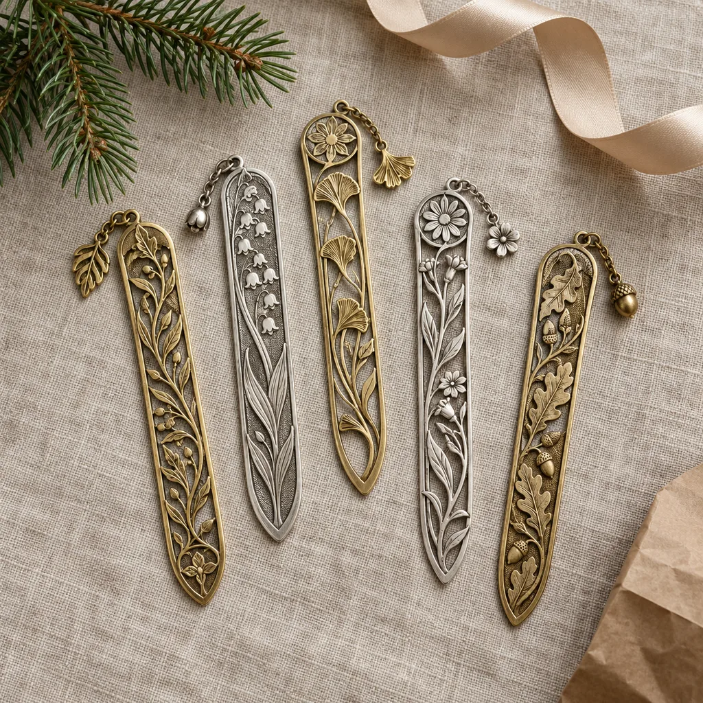 Representative photo-style image of ornate metal bookmarks — generated, not a specific product