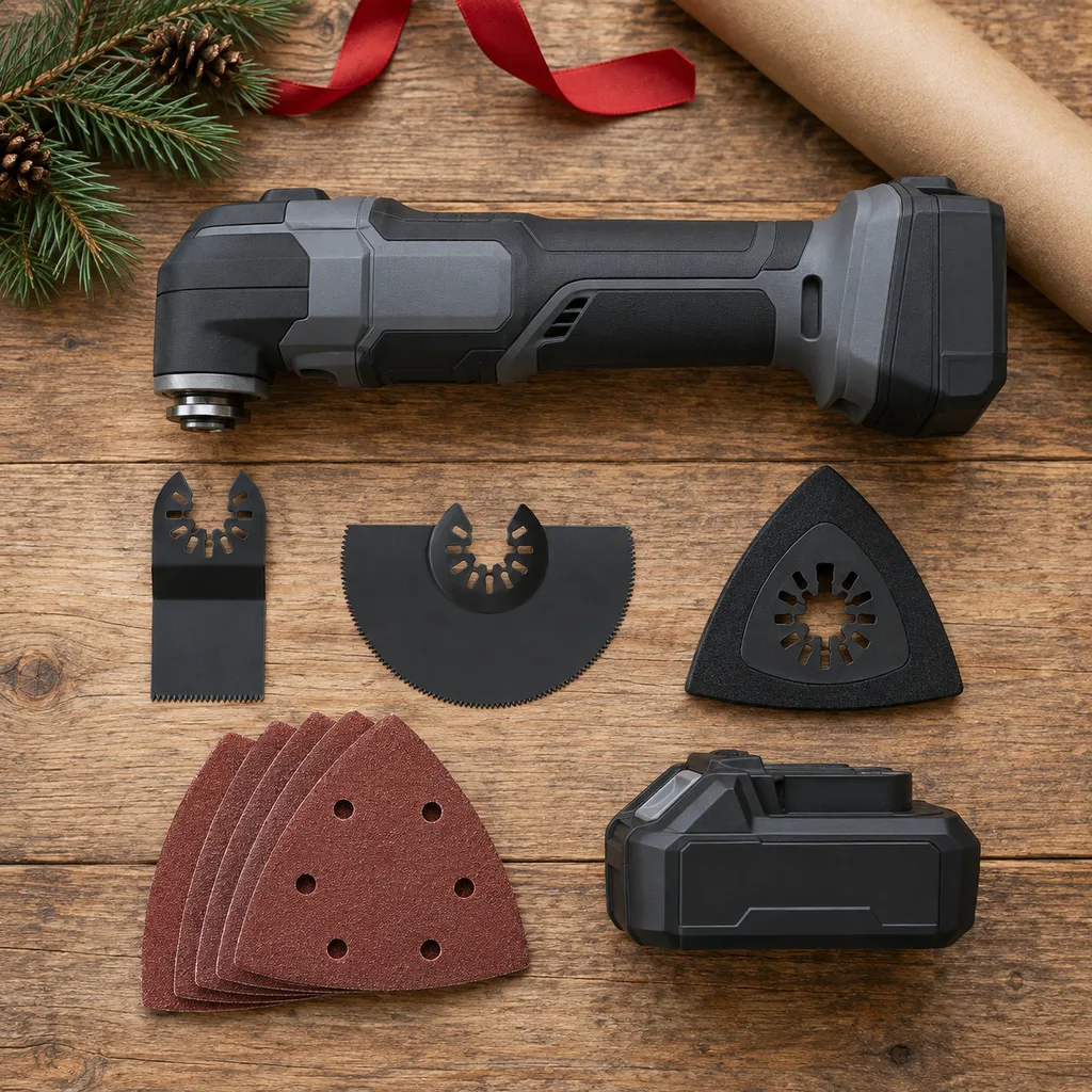 Representative photo-style image of oscillating cordless multi-tool kit — generated, not a specific product