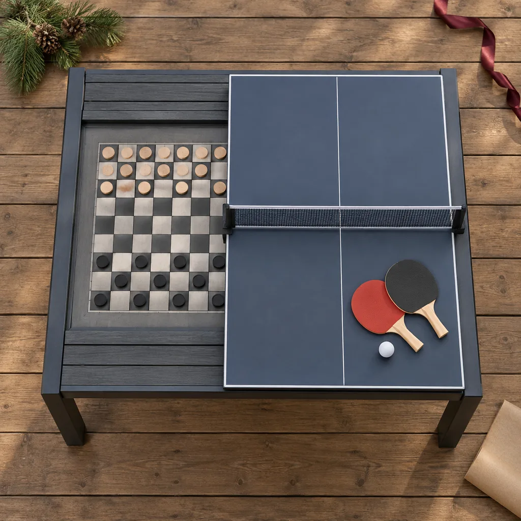 Representative photo-style image of outdoor all-weather game table — generated, not a specific product