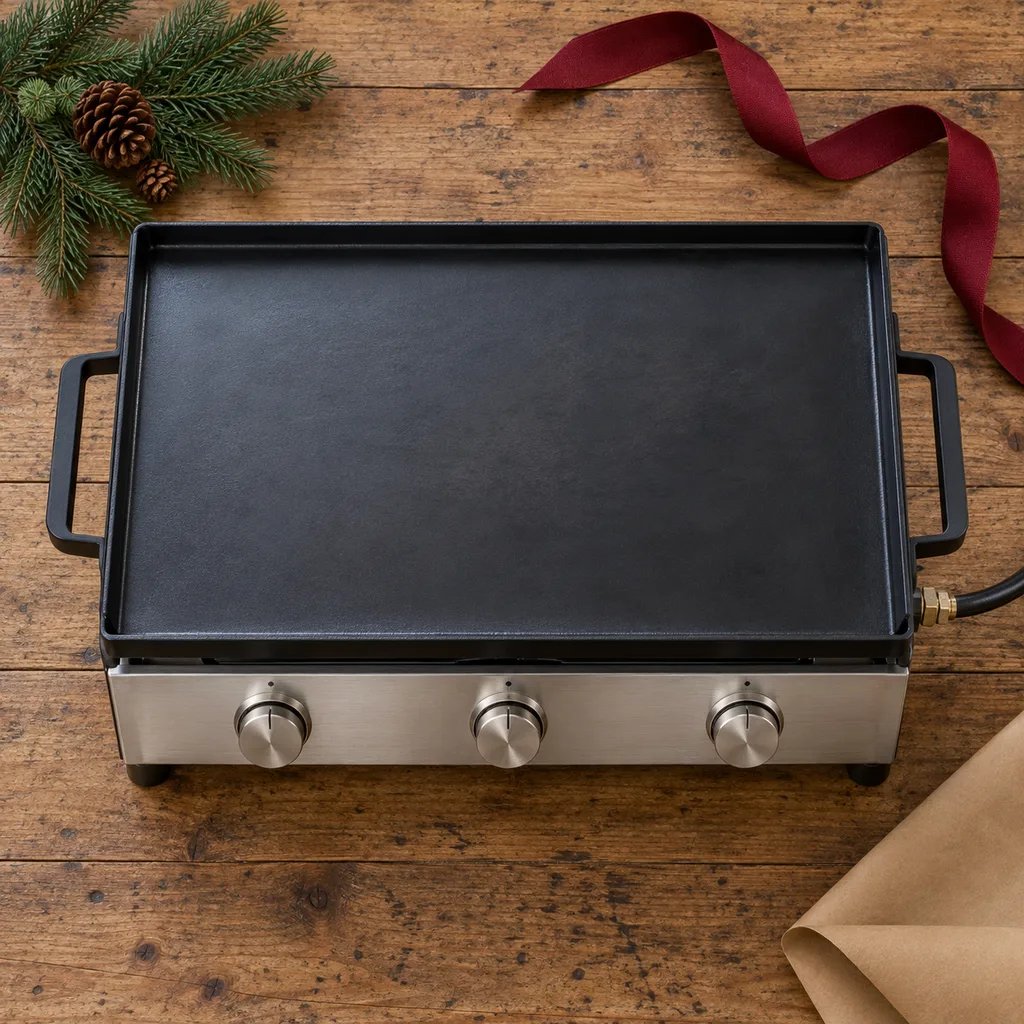 Representative photo-style image of outdoor flat top griddle grill — generated, not a specific product