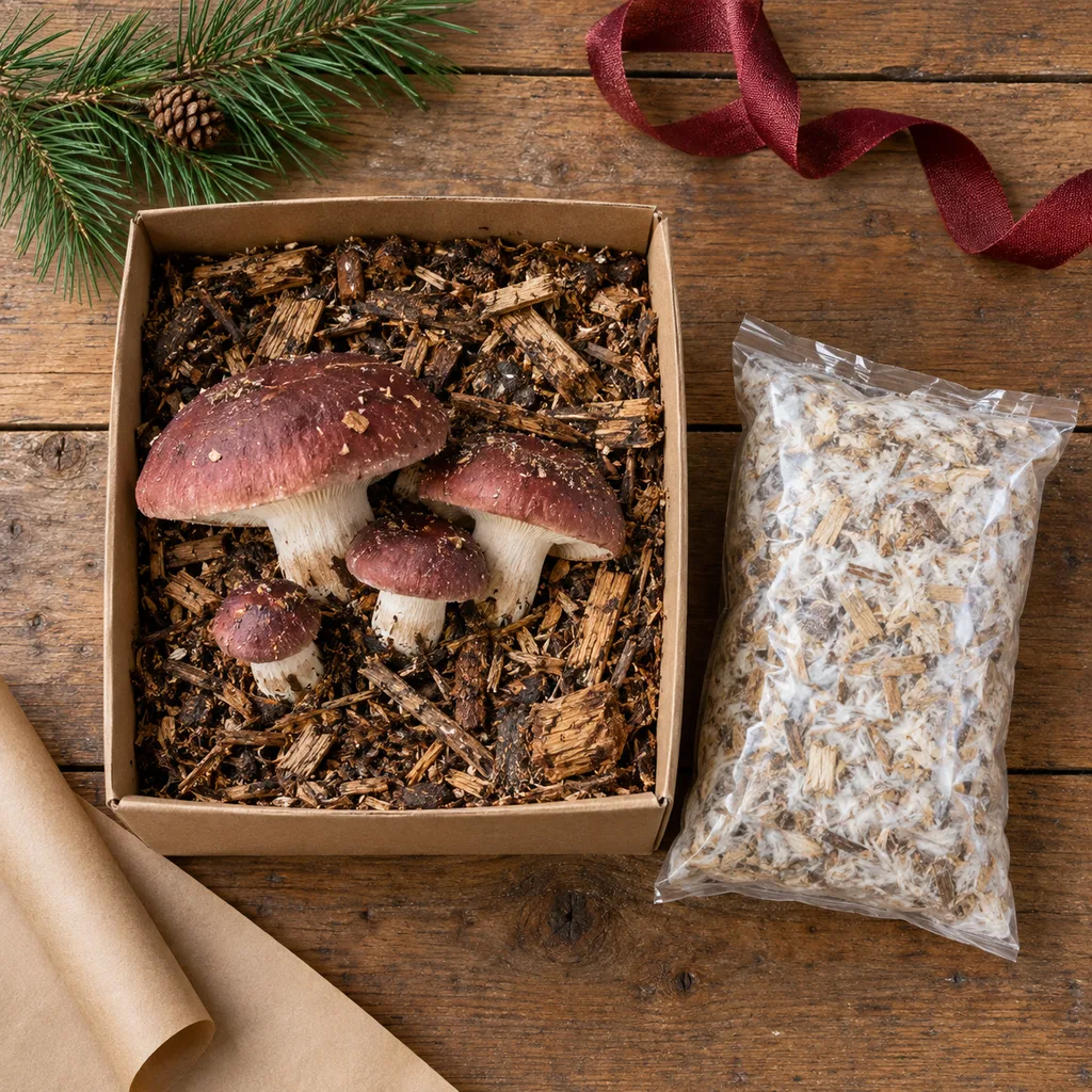 Representative photo-style image of outdoor garden mushroom patch kit — generated, not a specific product