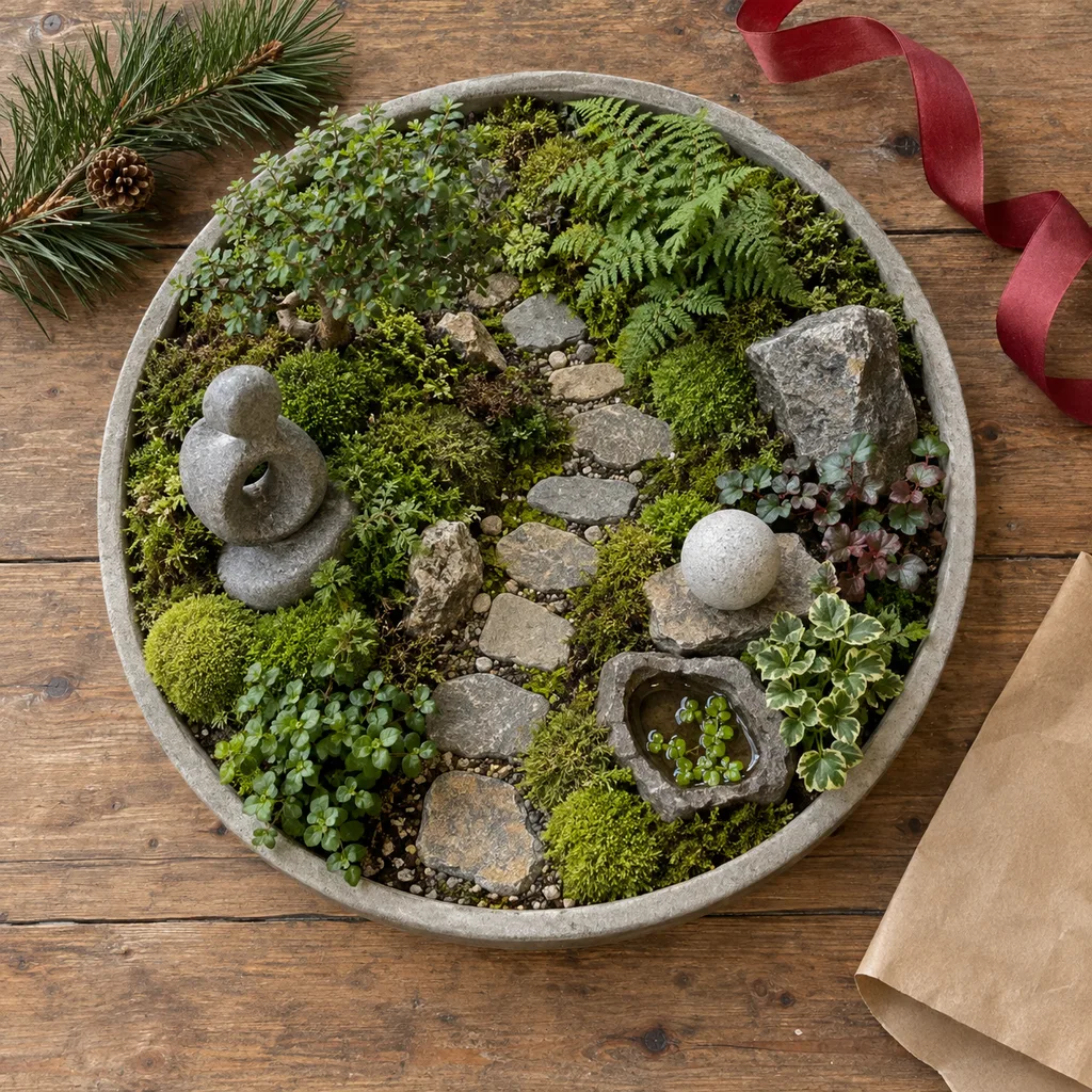 Representative photo-style image of outdoor sculpture garden — generated, not a specific product