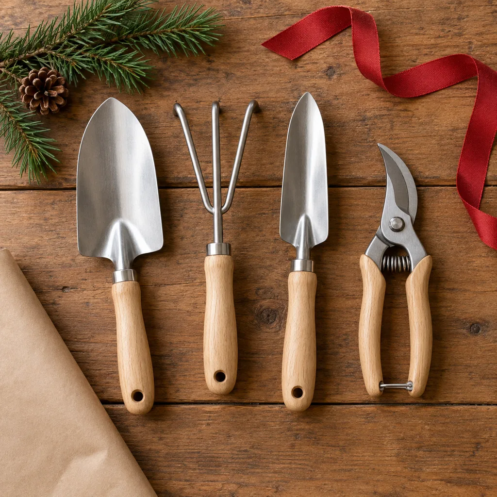 Representative photo-style image of outdoor gardening hand tool collection — generated, not a specific product