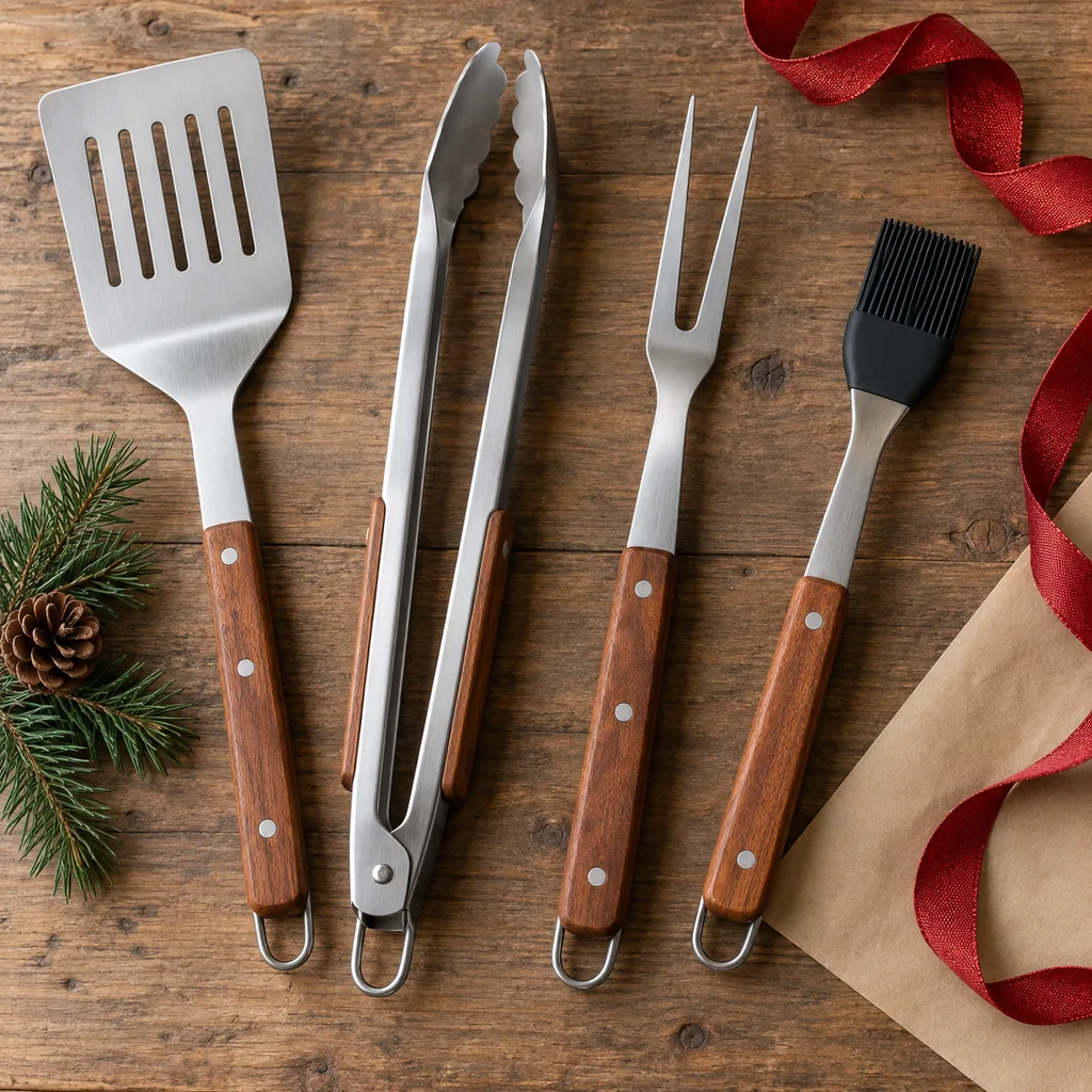 Representative photo-style image of outdoor grilling utensil collection — generated, not a specific product