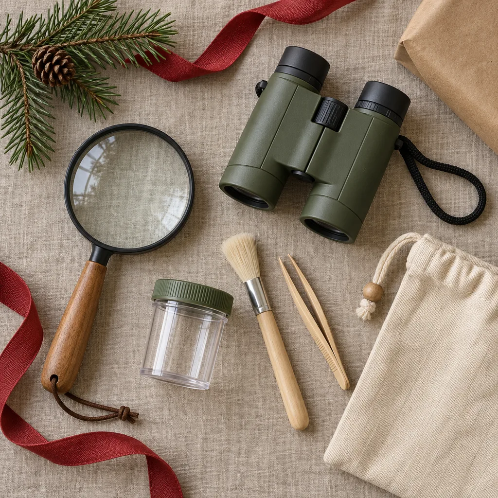 Representative photo-style image of outdoor nature explorer kit — generated, not a specific product