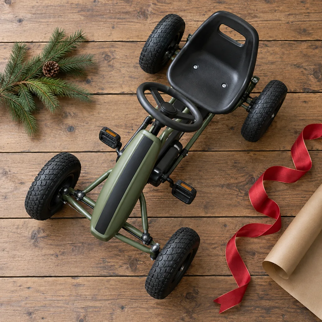 Representative photo-style image of outdoor pedal go-kart — generated, not a specific product