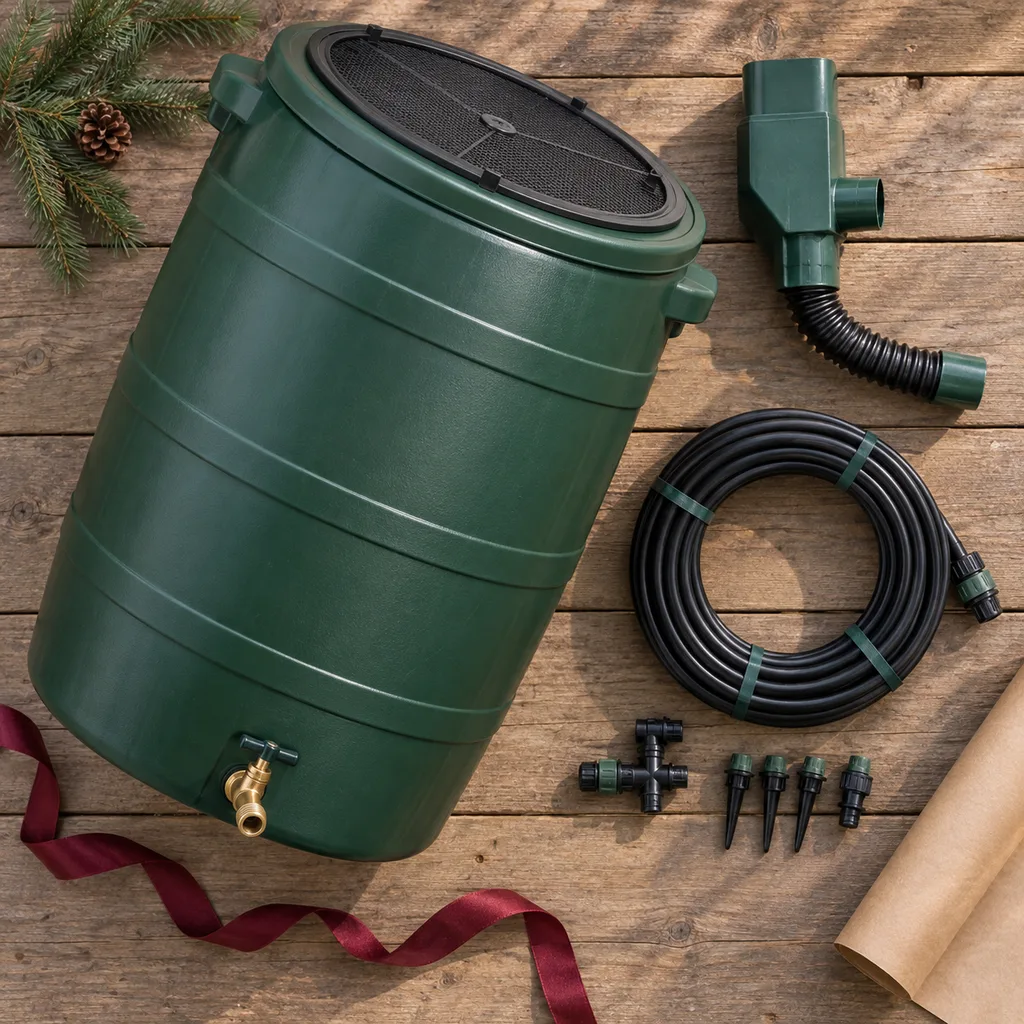 Representative photo-style image of outdoor rain barrel system — generated, not a specific product
