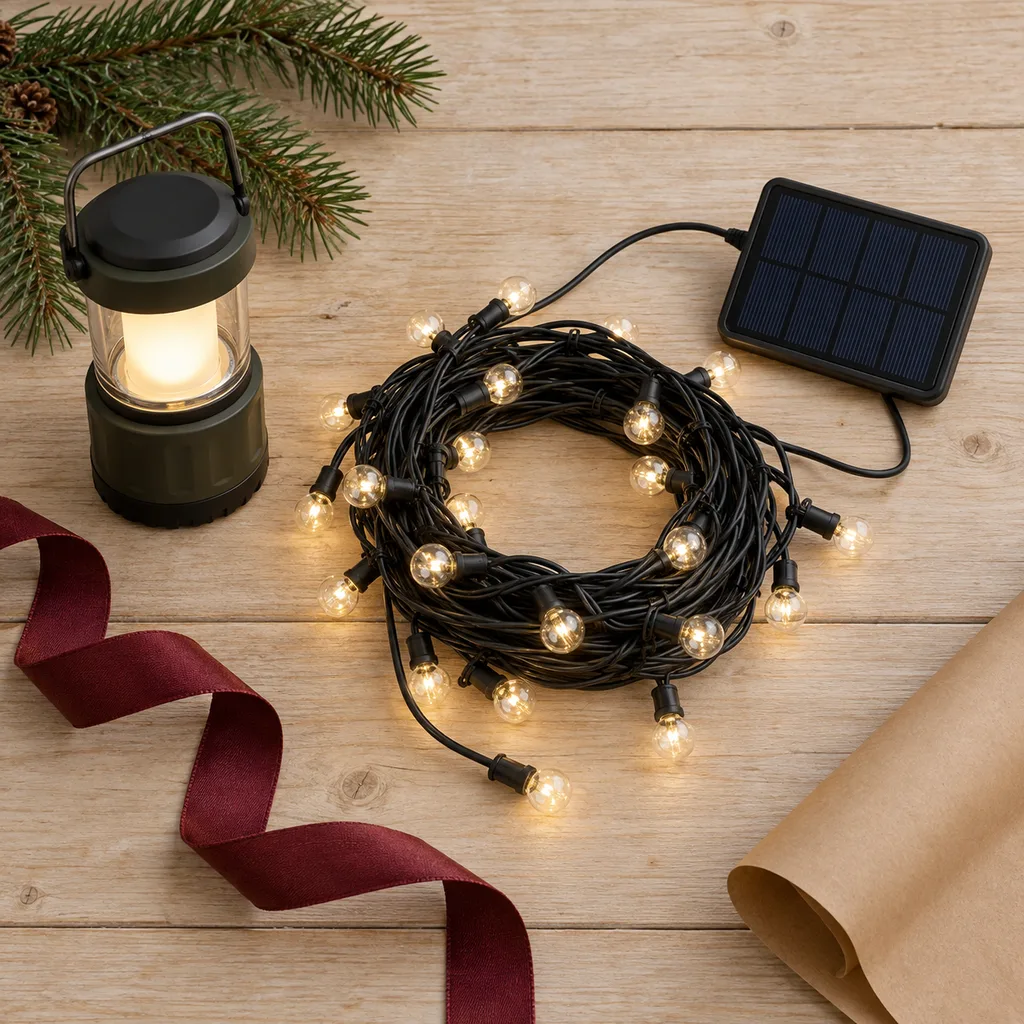 Representative photo-style image of outdoor solar string lights — generated, not a specific product