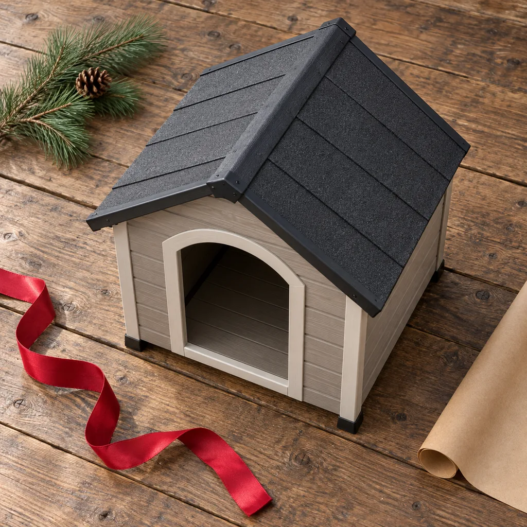 Representative photo-style image of outdoor weather-resistant dog house — generated, not a specific product