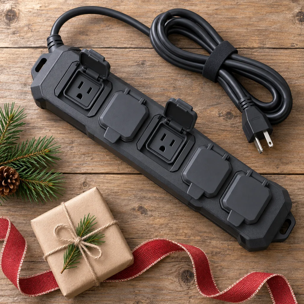 Representative photo-style image of outdoor weather resistant power strip — generated, not a specific product