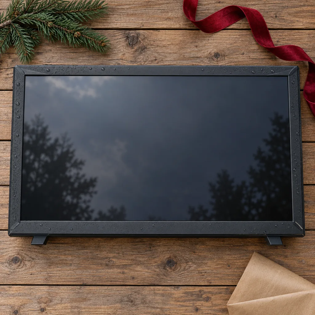 Representative photo-style image of outdoor weather resistant television — generated, not a specific product