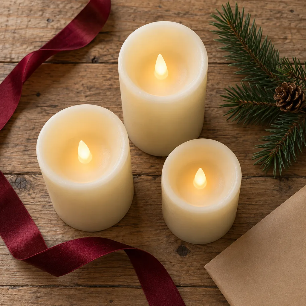 Representative photo-style image of outdoor flameless candles — generated, not a specific product
