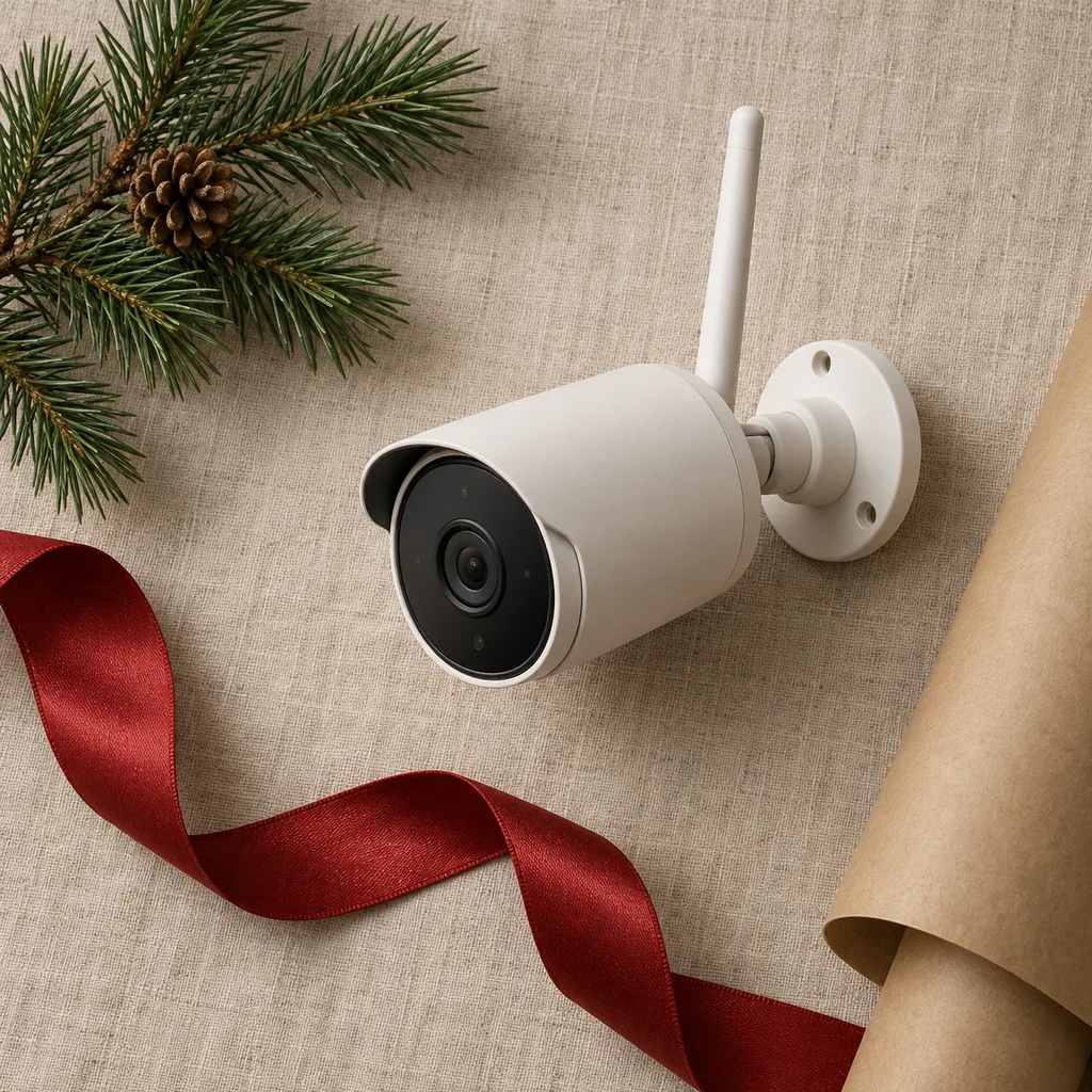 Representative photo-style image of outdoor wireless security camera — generated, not a specific product