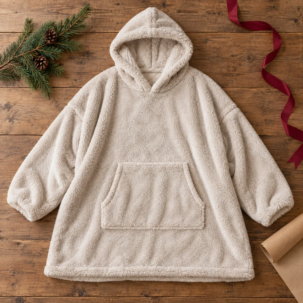 Representative photo-style image of oversized hooded wearable blanket — generated, not a specific product