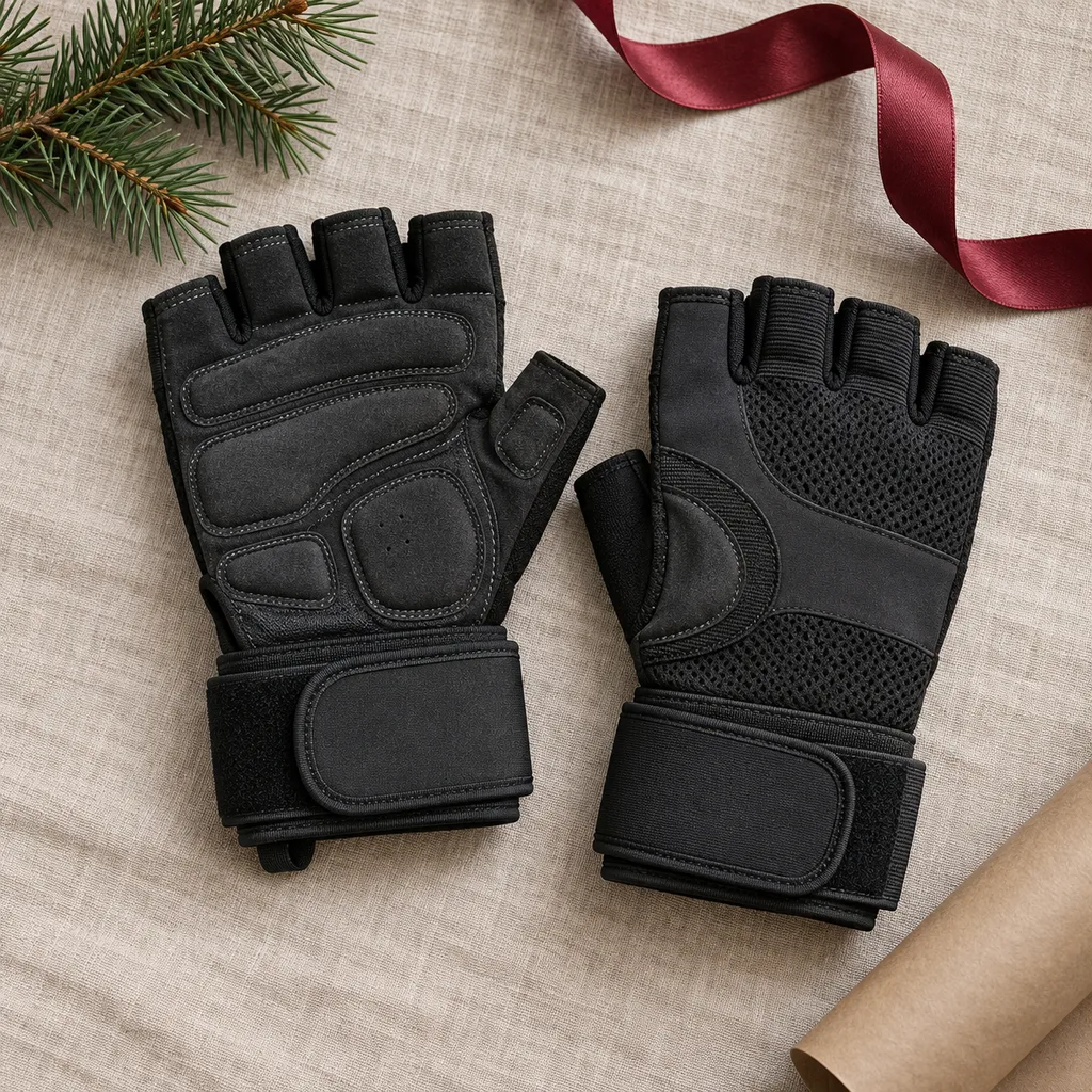 Representative photo-style image of padded weightlifting gloves — generated, not a specific product