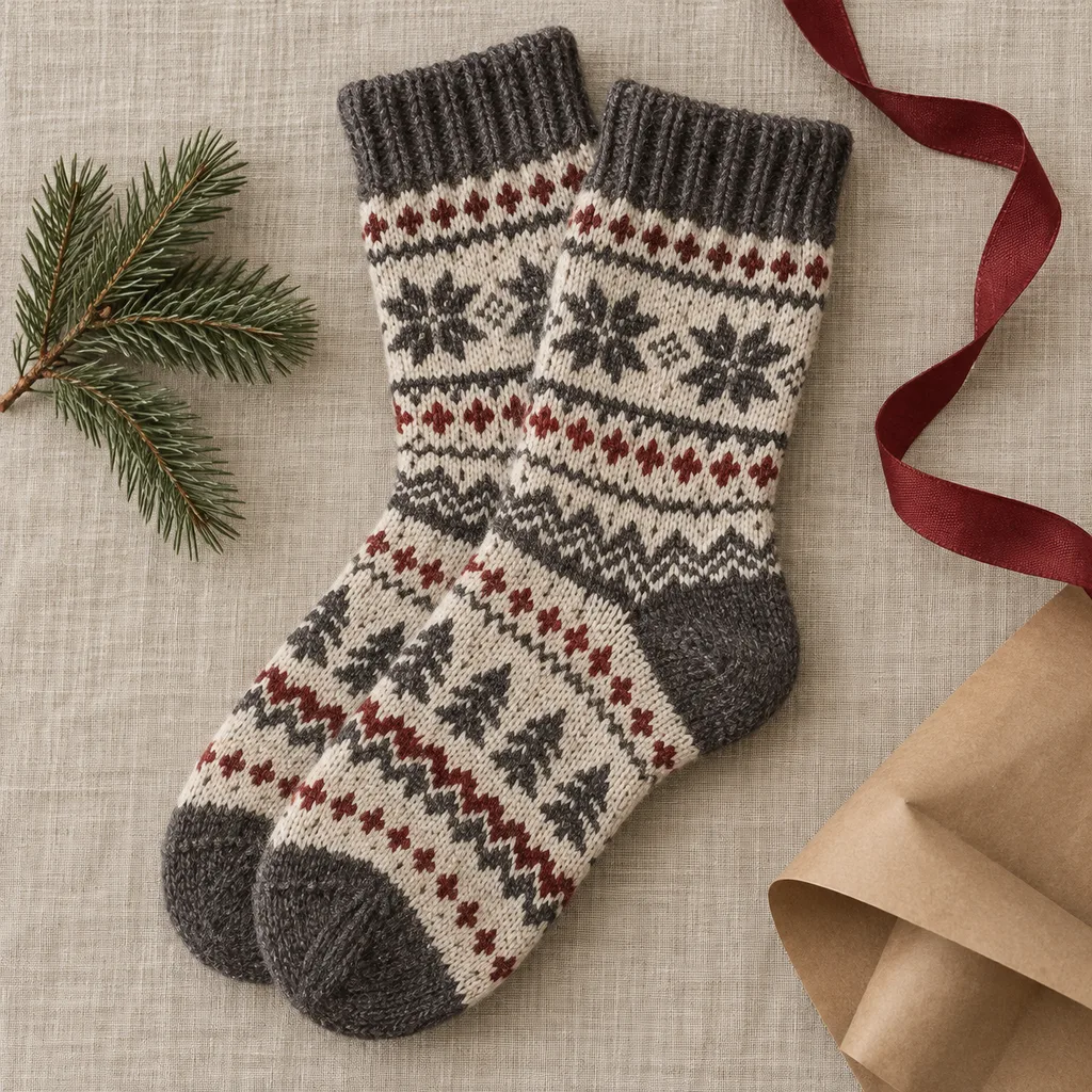 Representative photo-style image of patterned fashion thermal socks — generated, not a specific product