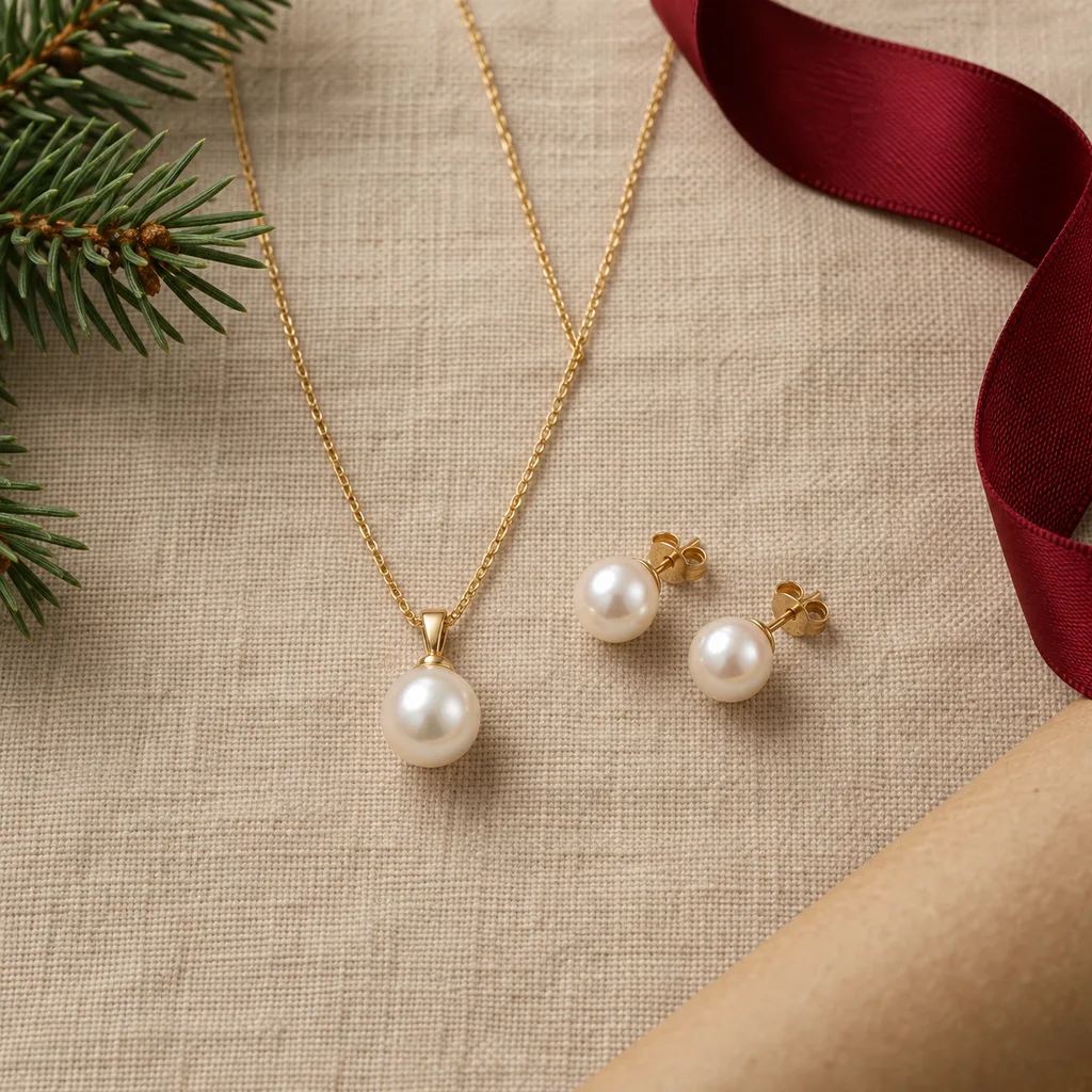 Representative photo-style image of pearl pendant and studs set — generated, not a specific product