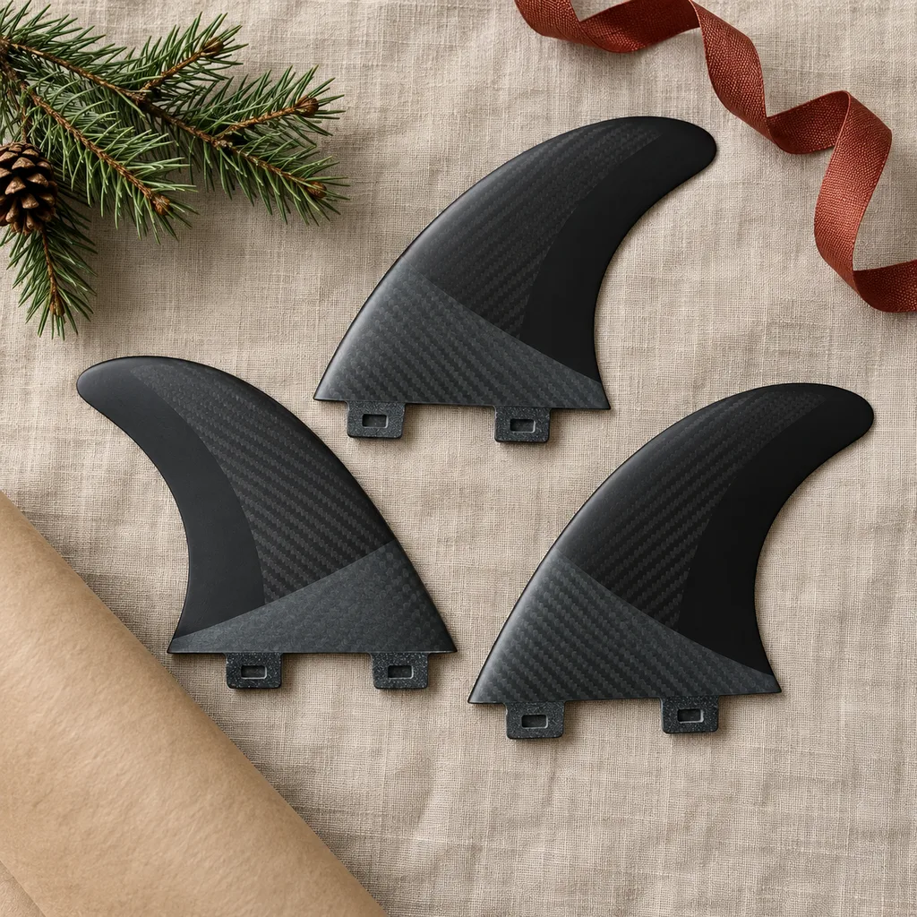 Representative photo-style image of performance surfboard fins — generated, not a specific product
