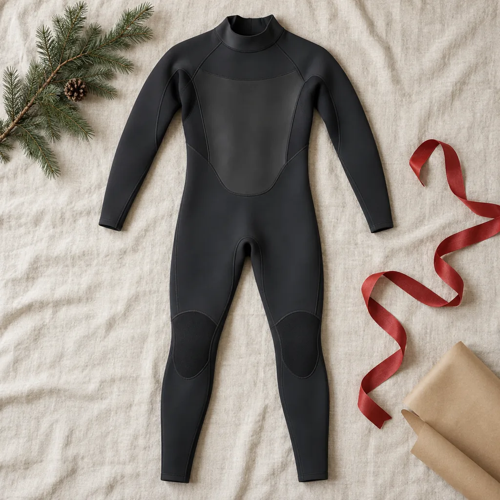 Representative photo-style image of performance surfing wetsuit — generated, not a specific product