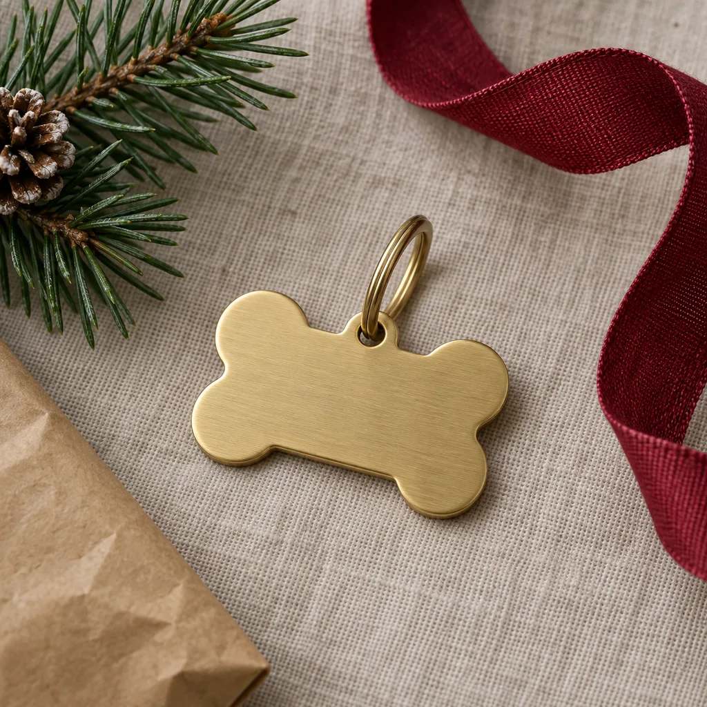 Representative photo-style image of personalized custom shape pet tag — generated, not a specific product