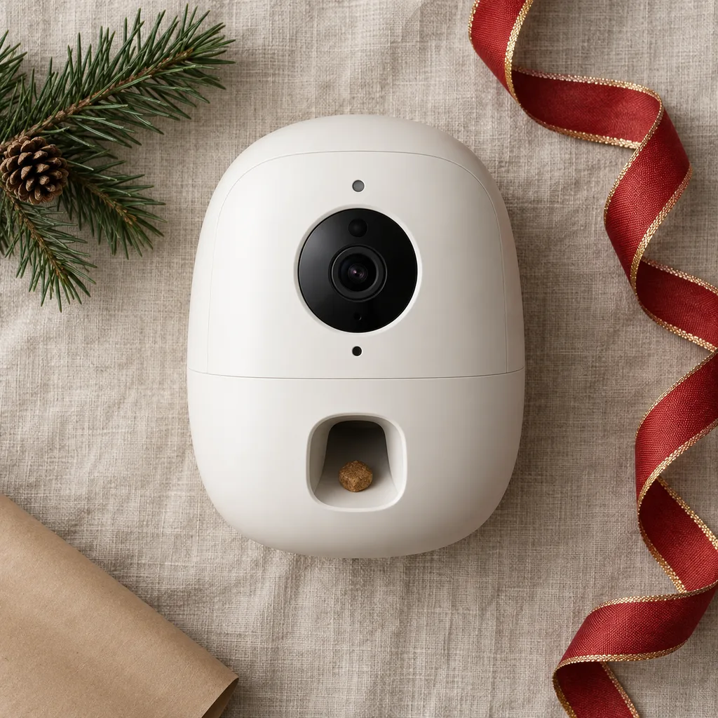 Representative photo-style image of pet camera with treat dispenser — generated, not a specific product