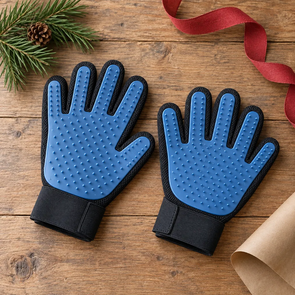 Representative photo-style image of pet grooming glove set — generated, not a specific product