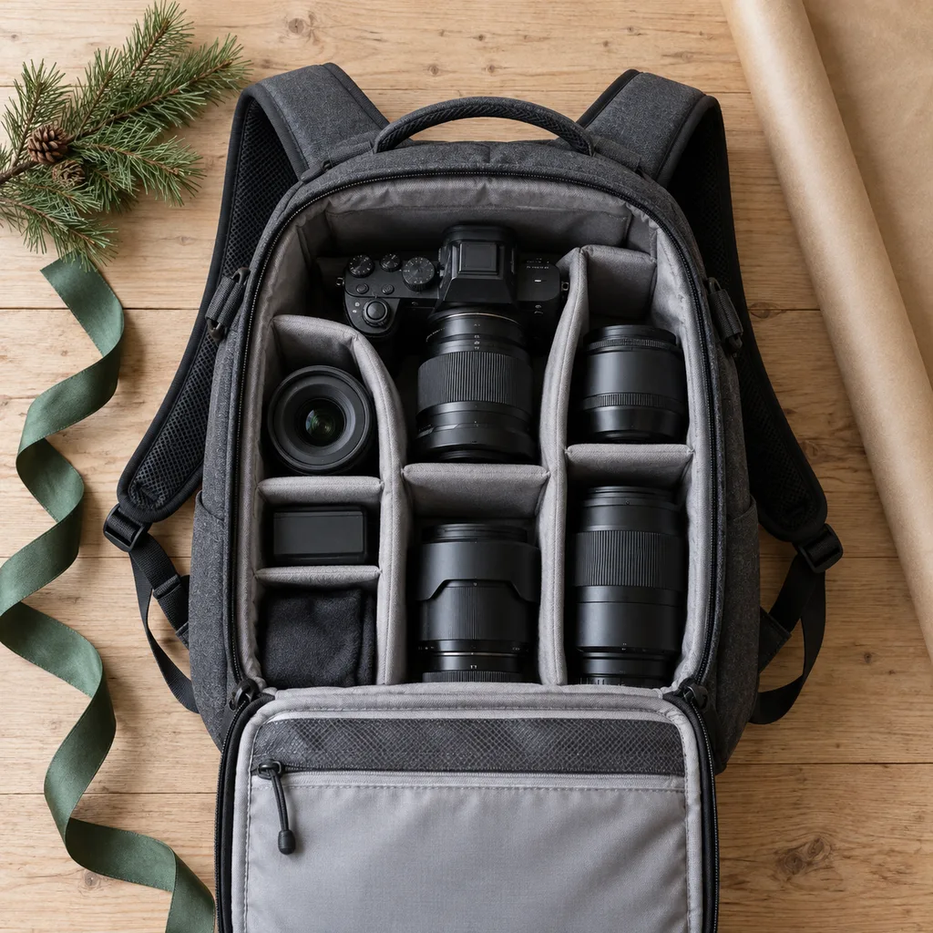 Representative photo-style image of photography gear backpack — generated, not a specific product