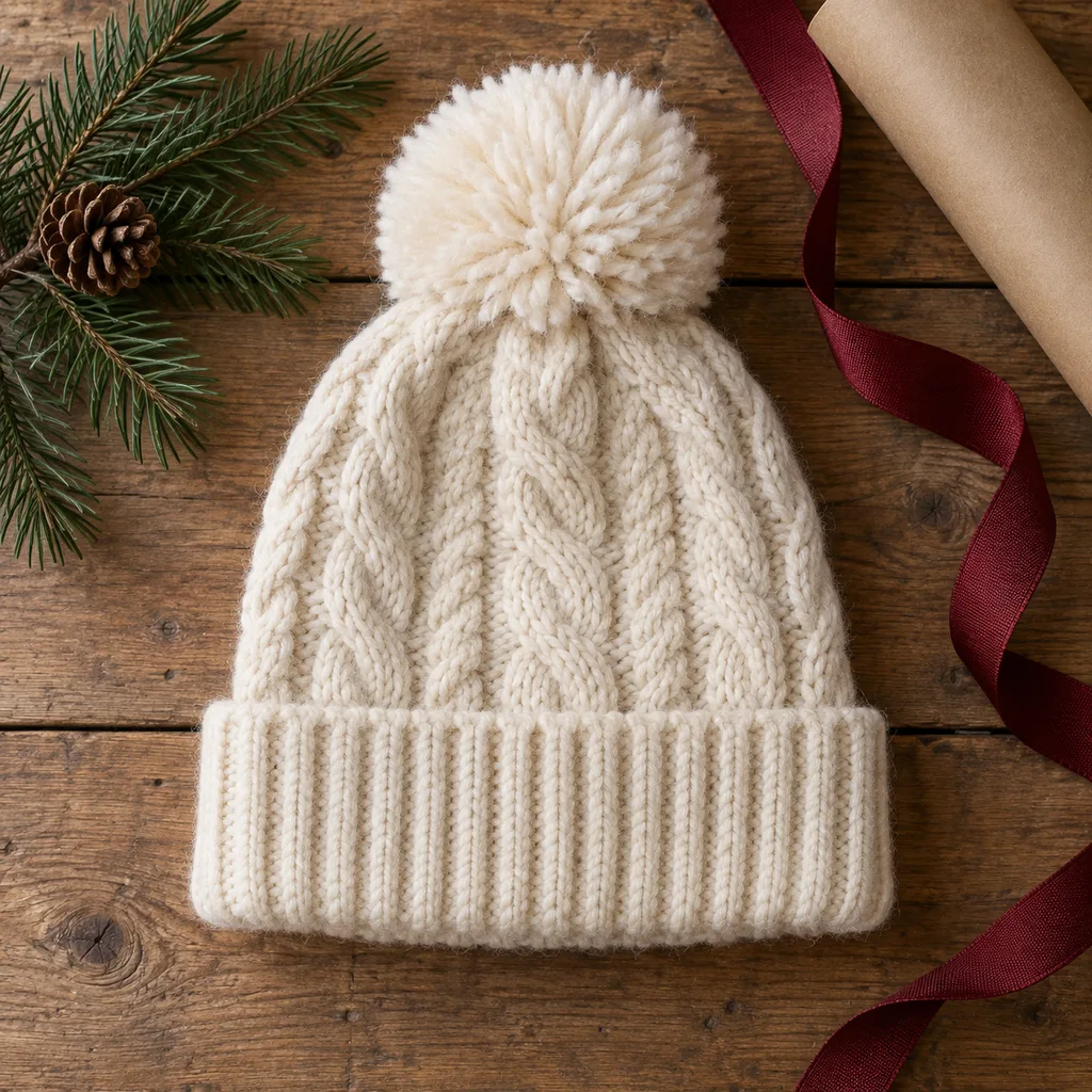Representative photo-style image of winter hat with pom pom — generated, not a specific product