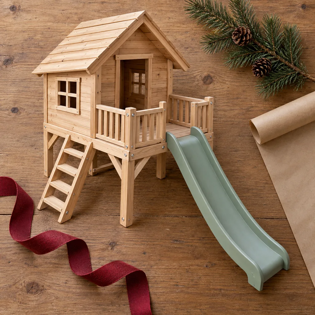 Representative photo-style image of playhouse with slide — generated, not a specific product