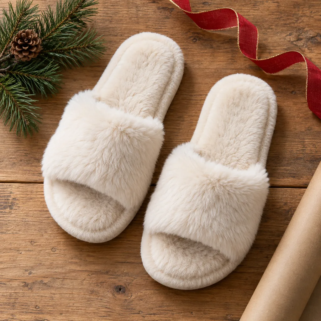 Representative photo-style image of plush faux fur slide slippers — generated, not a specific product