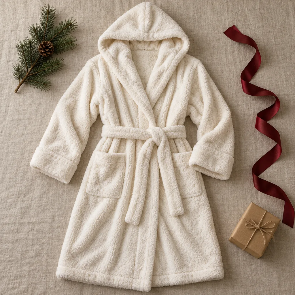 Representative photo-style image of plush hooded lounging robe — generated, not a specific product