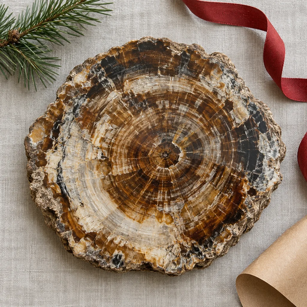 Representative photo-style image of polished petrified wood slice — generated, not a specific product