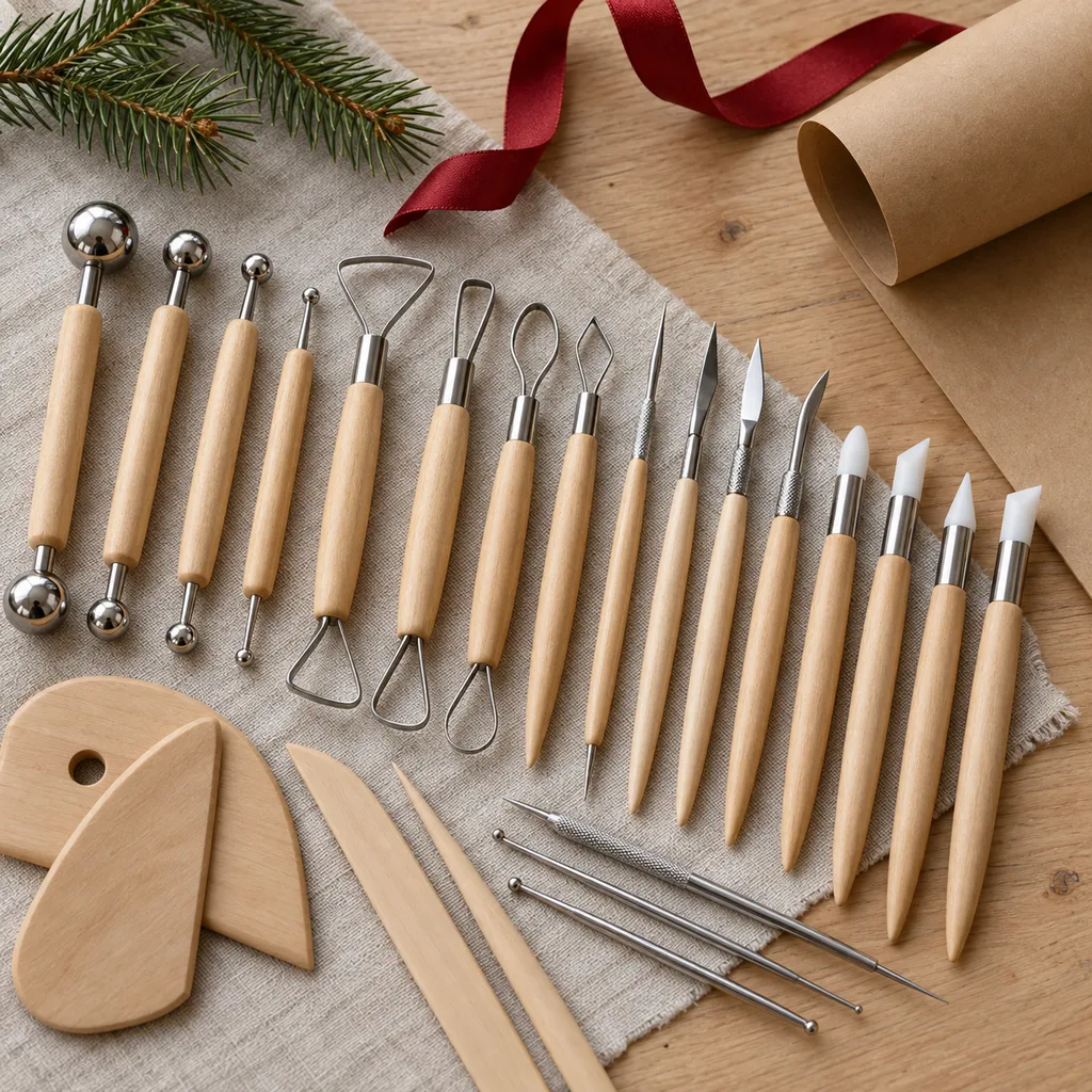 Representative photo-style image of polymer clay sculpting tools — generated, not a specific product