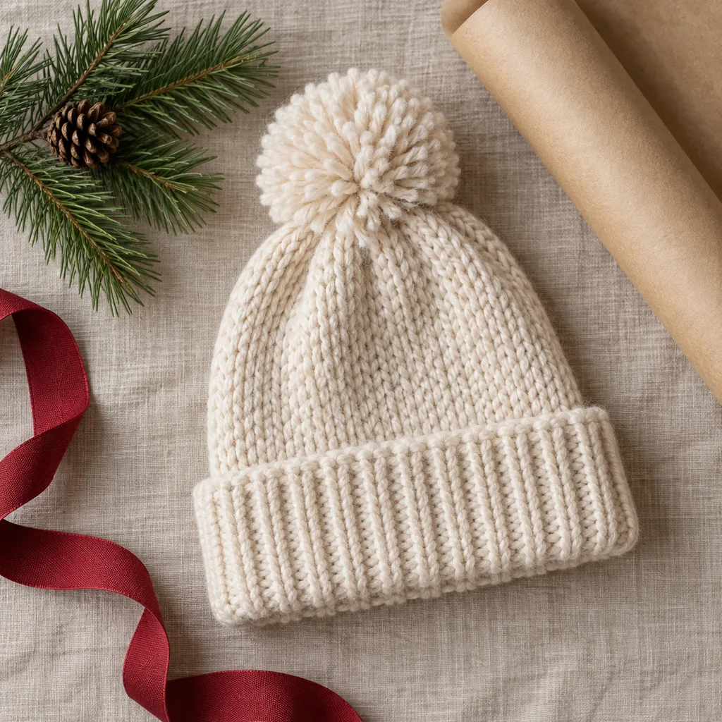 Representative photo-style image of pom pom beanie — generated, not a specific product