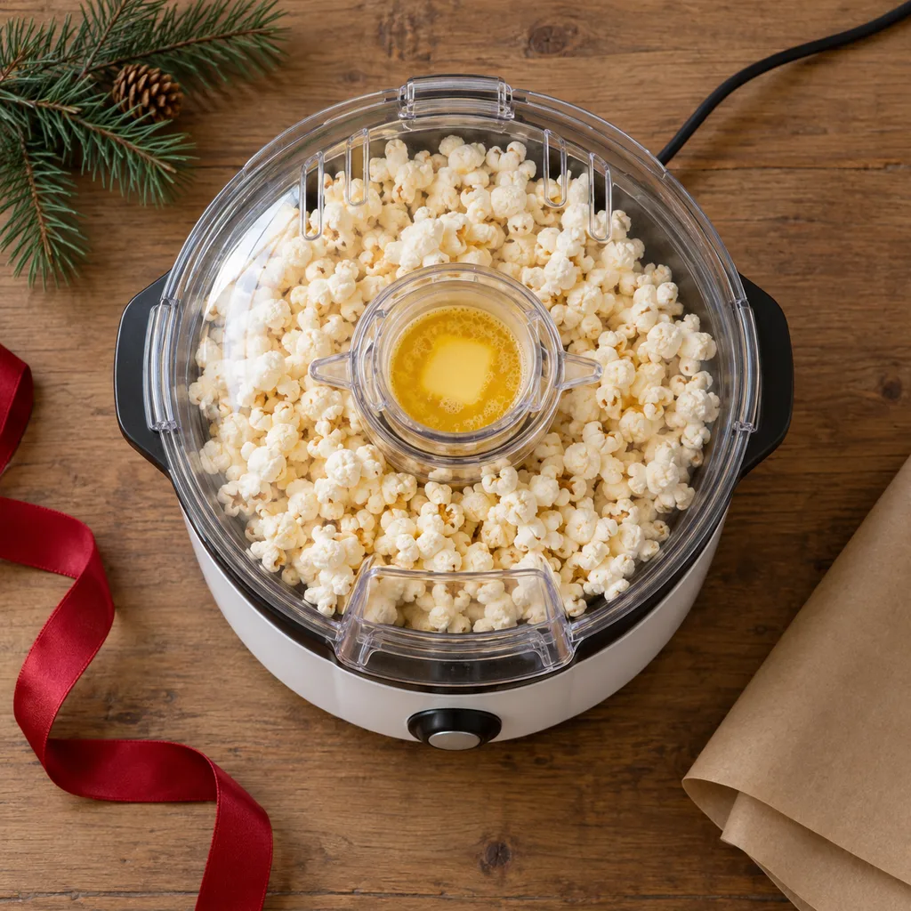 Representative photo-style image of popcorn maker with butter dispenser — generated, not a specific product