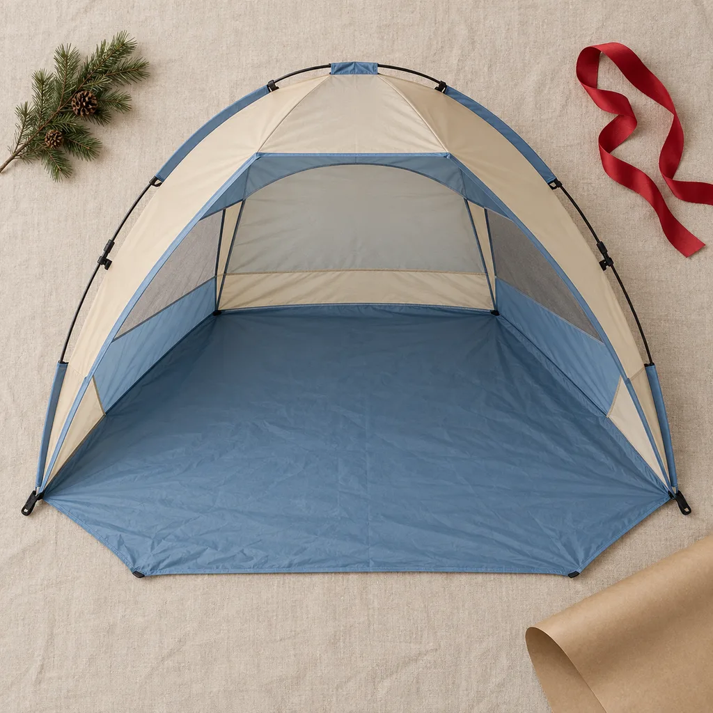 Representative photo-style image of portable beach sun shelter — generated, not a specific product