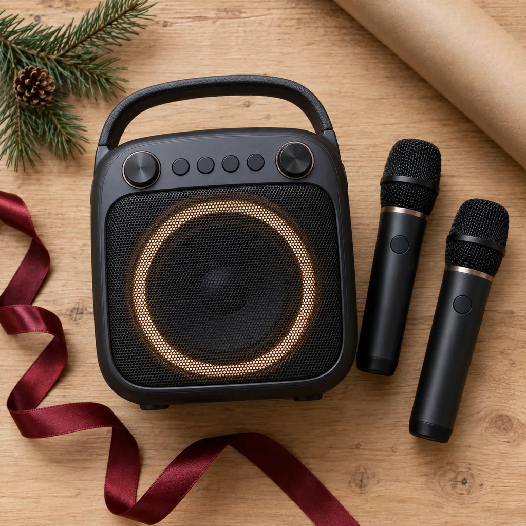 Representative photo-style image of portable bluetooth karaoke machine — generated, not a specific product