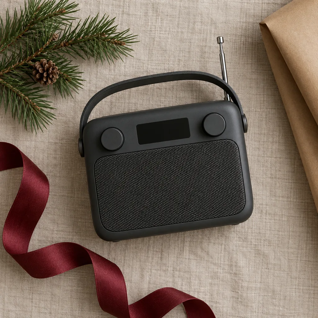 Representative photo-style image of portable bluetooth speaker radio — generated, not a specific product