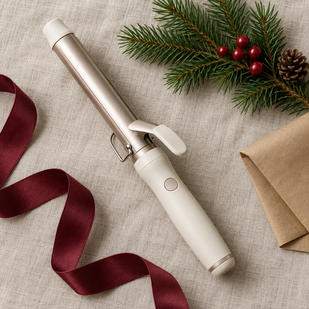 Representative photo-style image of portable cordless curling iron — generated, not a specific product