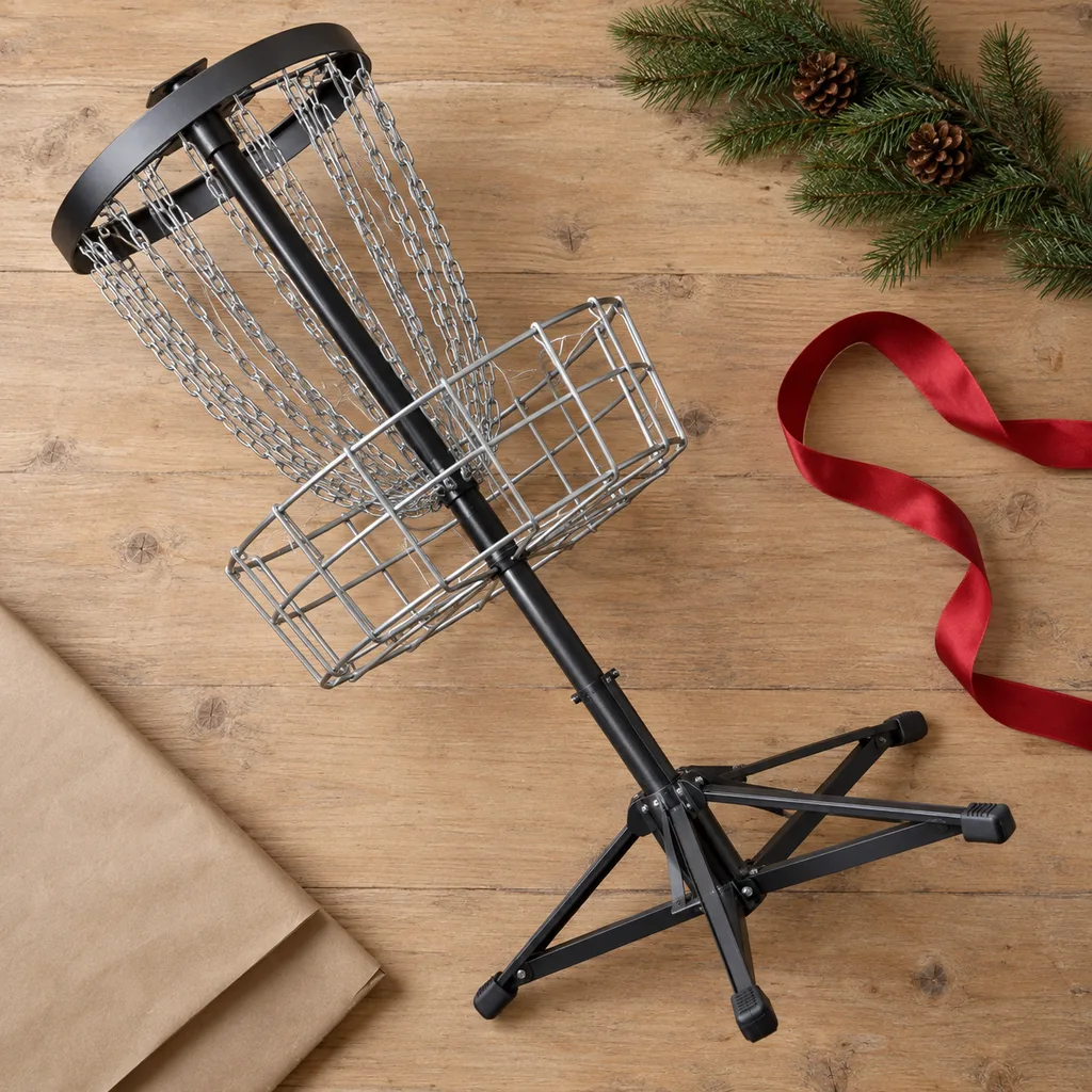 Representative photo-style image of portable disc golf basket — generated, not a specific product