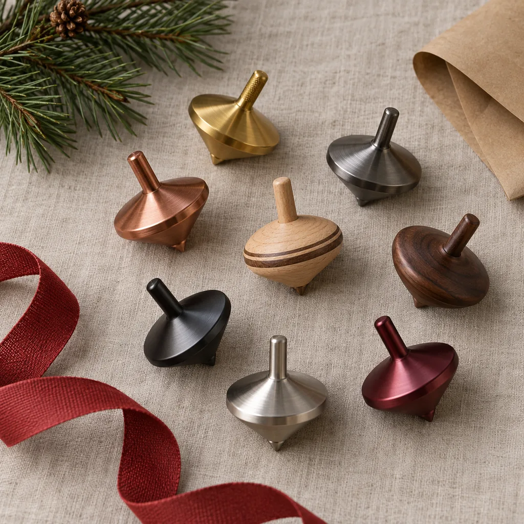 Representative photo-style image of portable finger spinning top assortment — generated, not a specific product