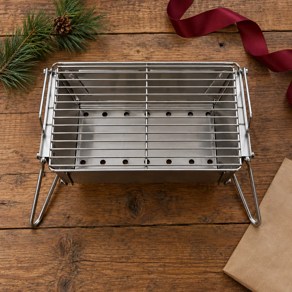 Representative photo-style image of portable foldable camp grill — generated, not a specific product
