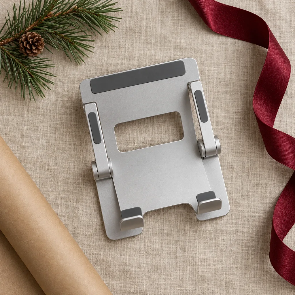 Representative photo-style image of portable folding tablet travel stand — generated, not a specific product