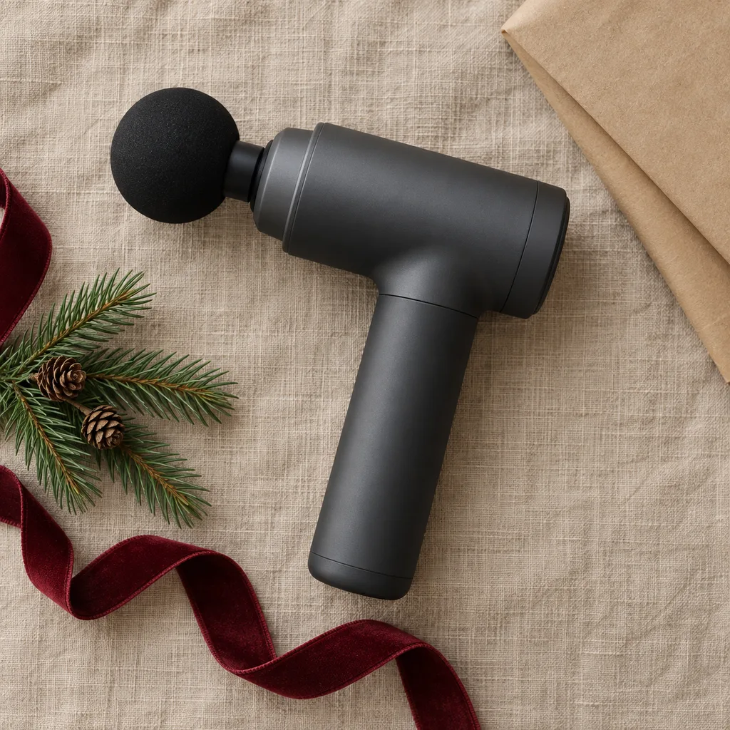 Representative photo-style image of portable handheld percussion massage device — generated, not a specific product