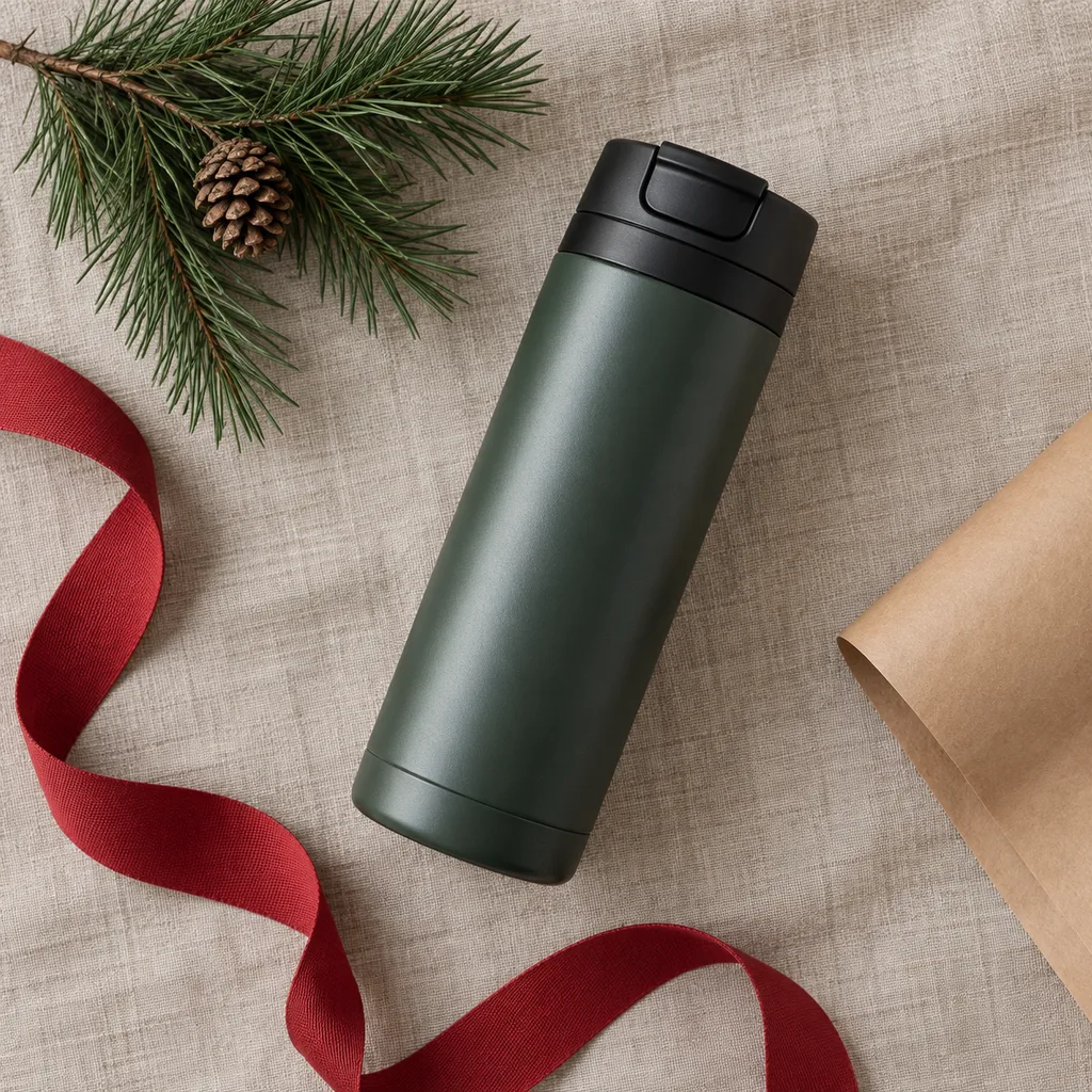 Representative photo-style image of portable insulated travel mug — generated, not a specific product