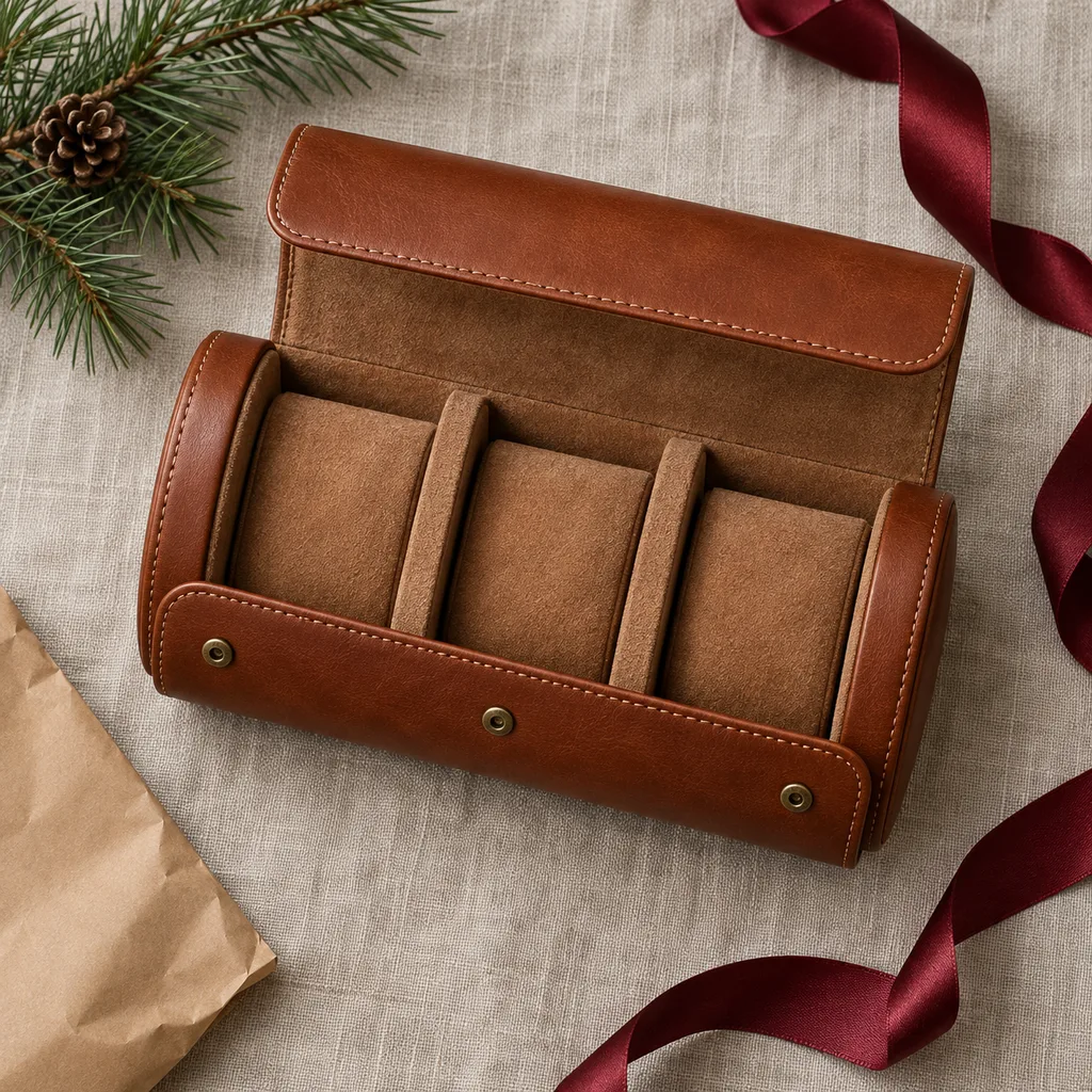 Representative photo-style image of portable leather watch roll — generated, not a specific product