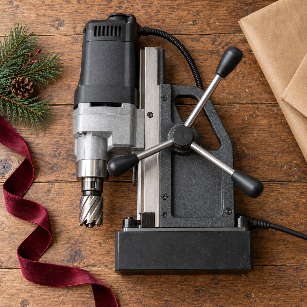 Representative photo-style image of portable magnetic drill — generated, not a specific product